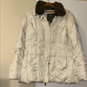 Eddie Bauer Cream Puffer Jacket with Dark Brown Collar